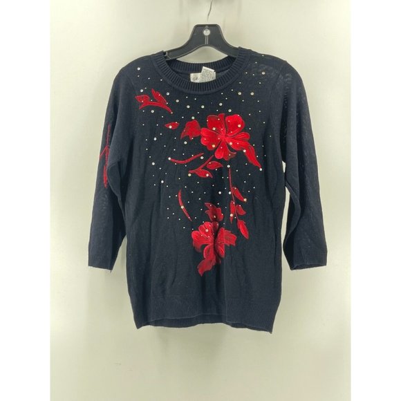 C. D. Petites Women's 3/4 Sleeve Black Rhinestone Roses Knit Sweater Size PS - Picture 2 of 11